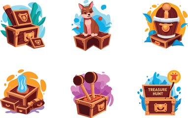 Cartoon treasure chests, adventure hunt icons, playful dog on chest, glowing crystal box, binocular chest, fantasy loot, exploration symbols, leaves, sign