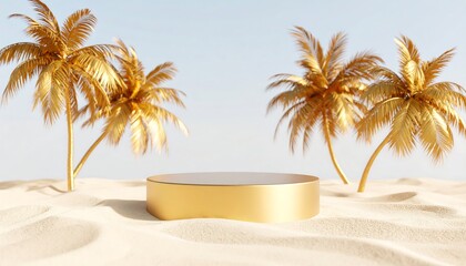 Fototapeta premium Golden pedestal on a sandy beach with palm trees