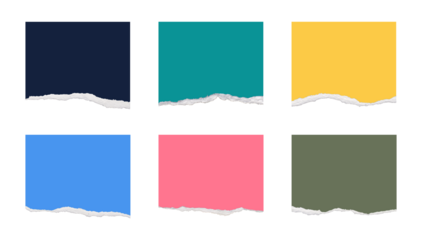 Collection of six torn paper rectangles in various colors on black background