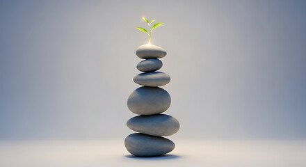 Obraz premium Stacked Stones with Sprout Zen Garden Balanced Gray Natural.