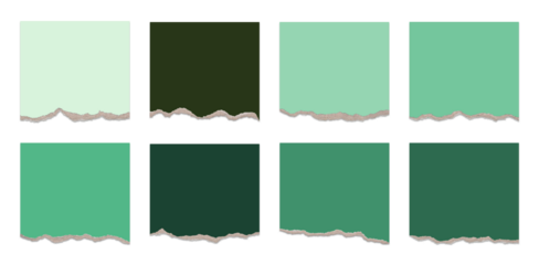 Eight vertical panels of torn paper with varying shades of green and dark backgrounds