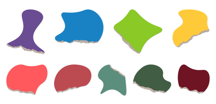 Collection of abstract colorful shapes with torn edges on black background
