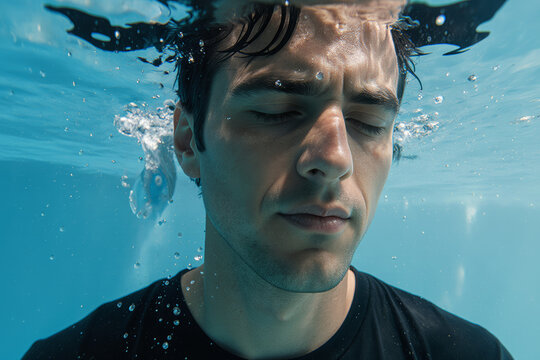 Underwater shot of a man with closed eyes, wearing a black shirt, surrounded by bubbles. Medium close-up