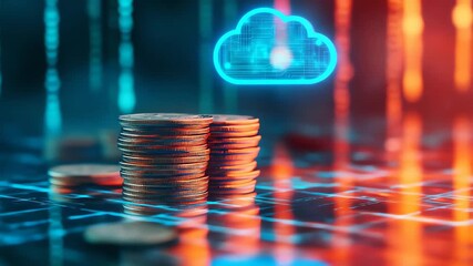 Stacks of coins reflect in a digital landscape, illuminated by glowing cloud icons symbolizing cloud computing, finance, and digital assets - Powered by Adobe
