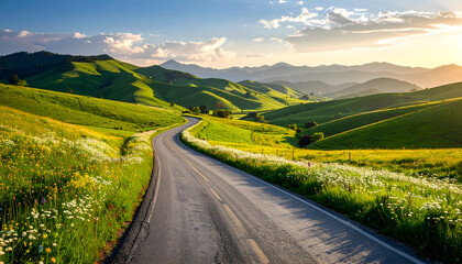 Winding Country Road Through Green Hills at Sunset