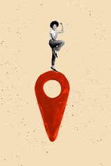 Artwork banner vertical photo collage of happy girl stand geolocation icon summer travel find way...