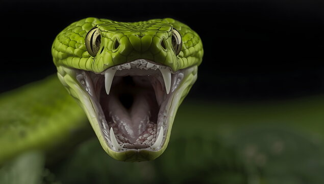 Terrifying and cinematic extreme closeup of a green viper snake with open mouth and fangs