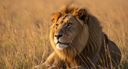 Obraz premium Majestic Lion Portrait in Golden Light A Stunning Wildlife Image