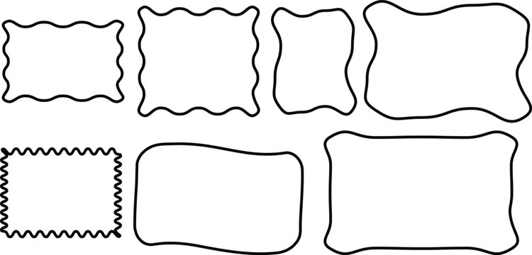 Doodle hand drawn frames with irregular uneven shapes, curved picture and painting frameworks. Vector wavy rectangles with grain texture. Vector retro doodle blank illustration

