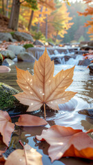 Glowing golden brown leaf in soft light, in a stream in autumn