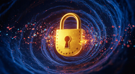 A futuristic 3D rendering of a secure golden padlock suspended in a dynamic cyber vortex with glowing particles, illustrating robust internet safety and data protection