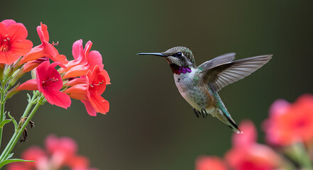 Naklejka premium Hummingbird hovering near orange flowers