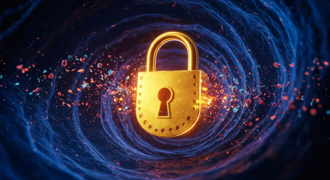 A futuristic 3D rendering of a secure golden padlock suspended in a dynamic cyber vortex with glowing particles, illustrating robust internet safety and data protection