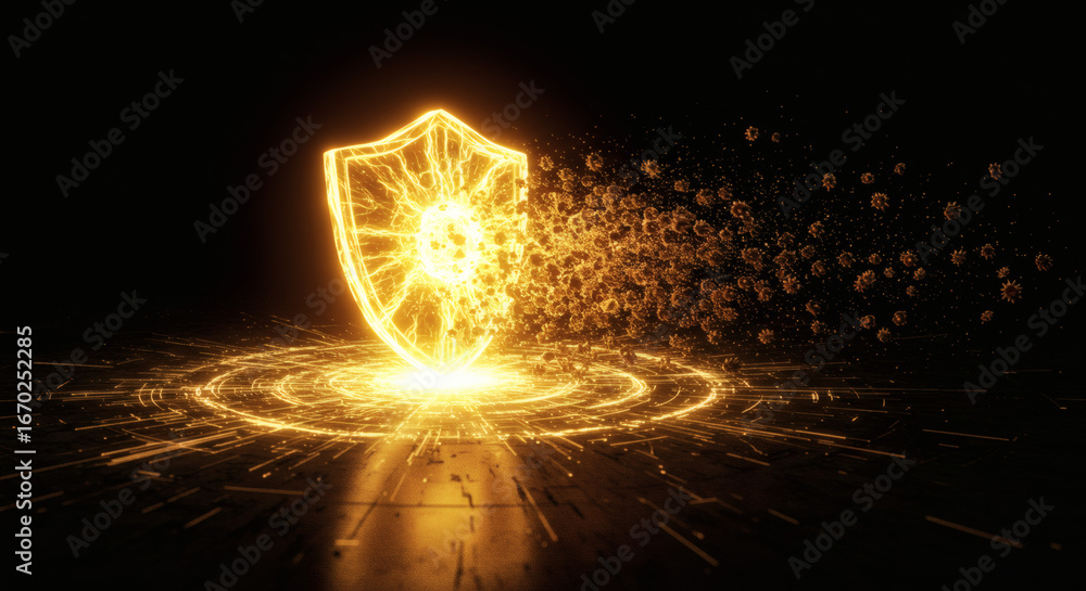 Aufkleber golden holographic security shield dissolving into radiant particles, illustrating robust cyber prot