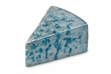 Slice of blue cheese with visible blue veins, isolated on a transparent background, ready for compositing