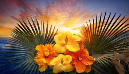 vibrant yellow and orange floral arrangement with palm fronds against sunset sky