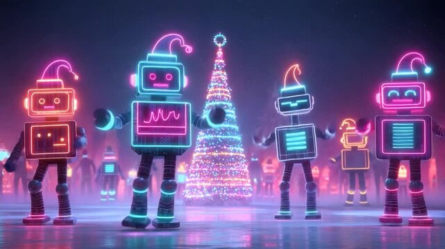 Colorful robots celebrate holiday spirit at a festive winter gathering under twinkling lights