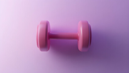 Pink dumbbell rests on a light purple surface, symbolizing fitness and strength in a minimalist and aesthetically pleasing composition.