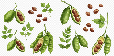 Illustration of various green seed pods, leaves, and loose seeds on a transparent background.