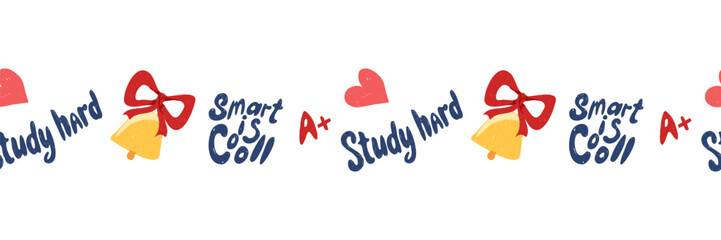 Seamless doodle border with lettering Smart is cool and Study hard, decorated with school bell. Hand drawn illustration for washi tape, adhesive tape, stationery, journaling and scrapbooking design