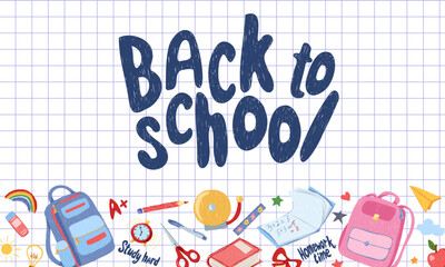 Back to school hand lettering on white background with doodle stationery and school symbols. Horizontal banner vector childlike illustration for education, sales, web with copy space
