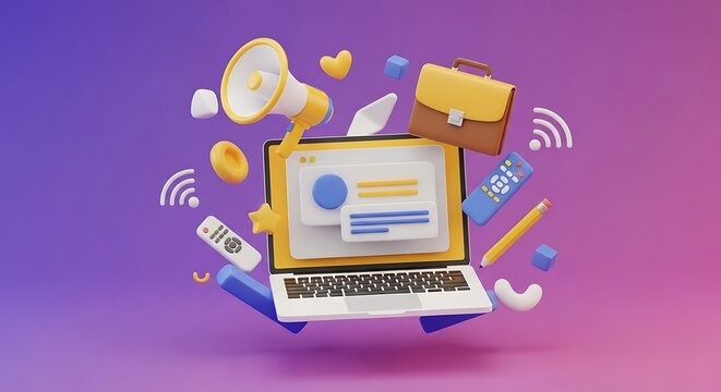3D Render of Laptop, Megaphone, Briefcase, and Floating Icons on Purple Background