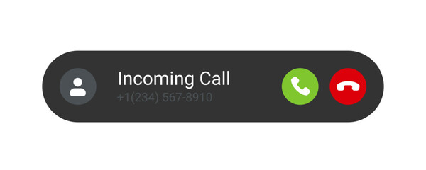 Incoming Call Notification Icon Vector Illustration. Modern incoming call notification icon with green accept and red decline buttons, featuring a contact silhouette and phone number.