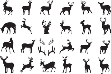 deer, stag, buck, doe, cervid, animal, silhouette, wildlife, nature, forest, woodland, antlers, horns, standing, walking, running, jumping, grazing, head profile, rack, black and white, graphic, illus