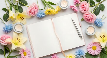 Elegant flat lay of a blank notebook surrounded by fresh flowers and candles on a white background