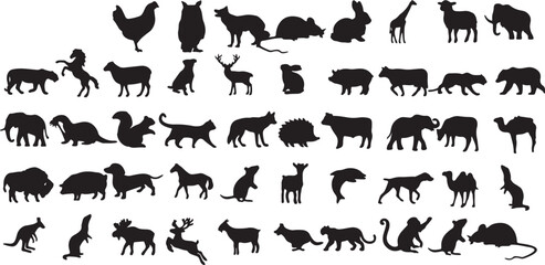 animal, silhouette, wildlife, mammal, bird, reptile, insect, nature, zoo, safari, forest, jungle, farm, domestic, wild, collection, set, icon, graphic, design element, illustration, diversity, fauna, 