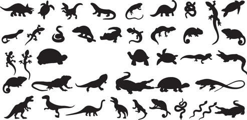 dinosaur, reptile, lizard, turtle, crocodile, alligator, snake, silhouette, animal, prehistoric, wildlife, creature, illustration, graphic, design, vector, icon, set, collection, nature, wild, pet, am