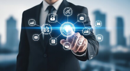 Businessman Interacting with Futuristic Digital Interface Representing Global Business Connections