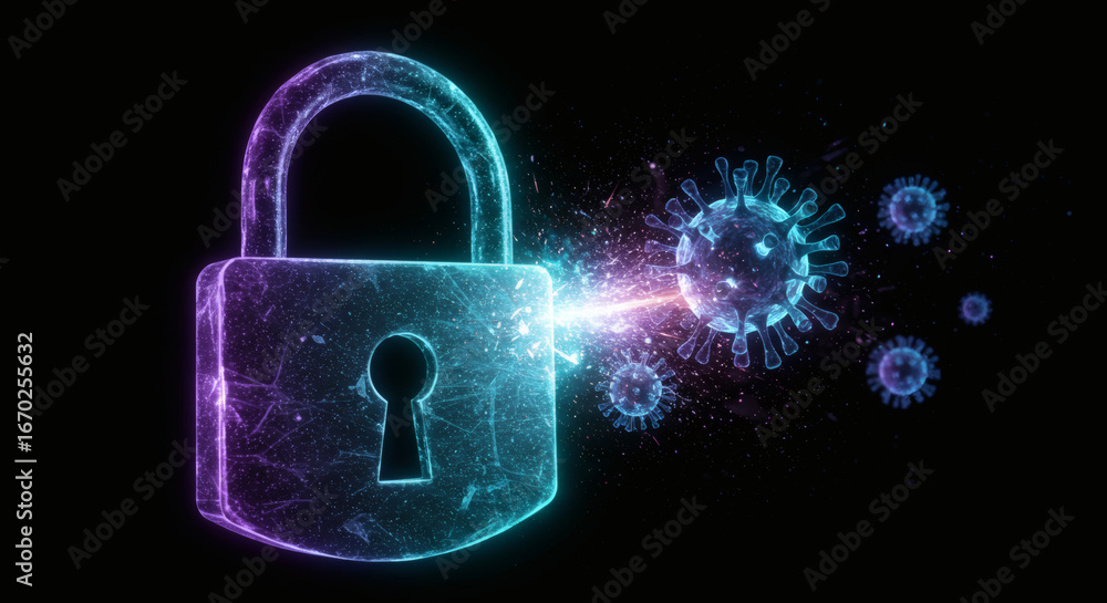 Poster abstract visualization of cybersecurity during a pandemic, showing a digital virus particle threaten