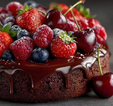 Rich chocolate cake topped with assorted fresh berris and cherries for a desset celebration