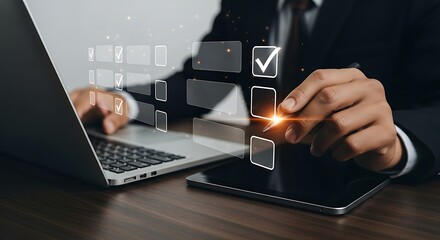 Businessperson Completing Digital Checklist on Tablet