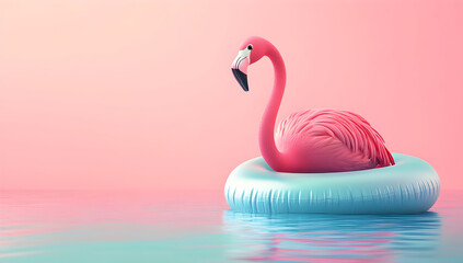 Fototapeta premium Pink flamingo floats on a blue inflatable ring in calm water against a gradient pink sunset sky, creating a serene and whimsical tropical vibe.