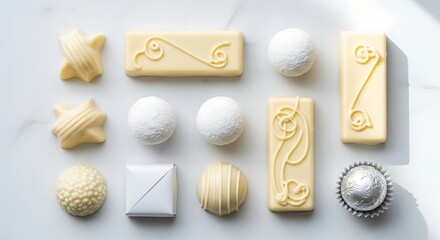 Assortment of exquisite white chocolates, artfully arranged on a marble surface