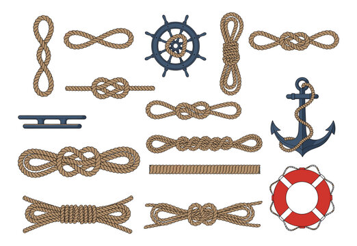 Nautical Rope Knots and Sea Elements, Anchor, Wheel and Buoy, Marine Decoration Design Elements, Vector Illustration