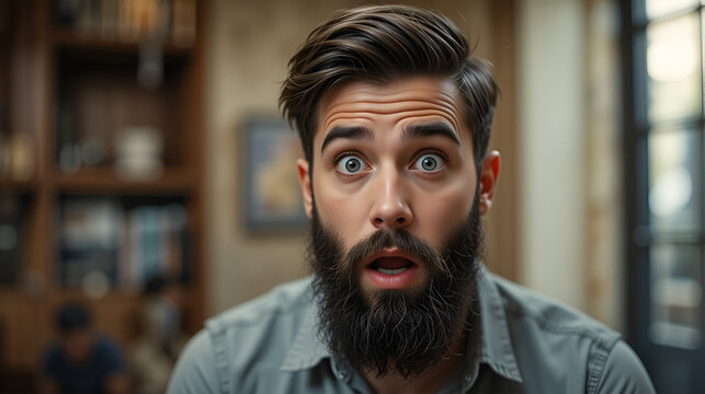 stupefied attractive young bearded man looks with astonishment into camera being amazed with negative news emotional hipster guy expresses surprisment doesnt believe his eyes facial expression no log