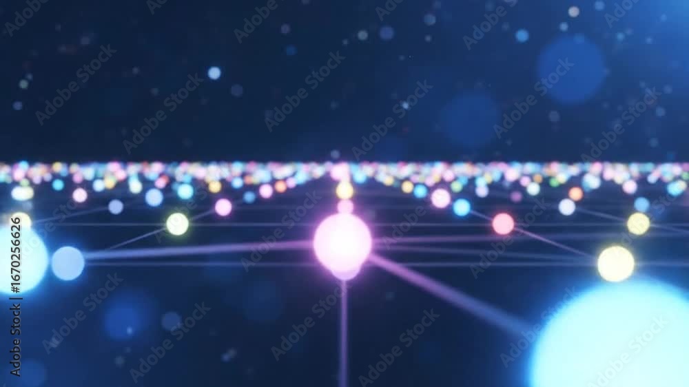Poster abstract colorful dot network on black background with glowing lines