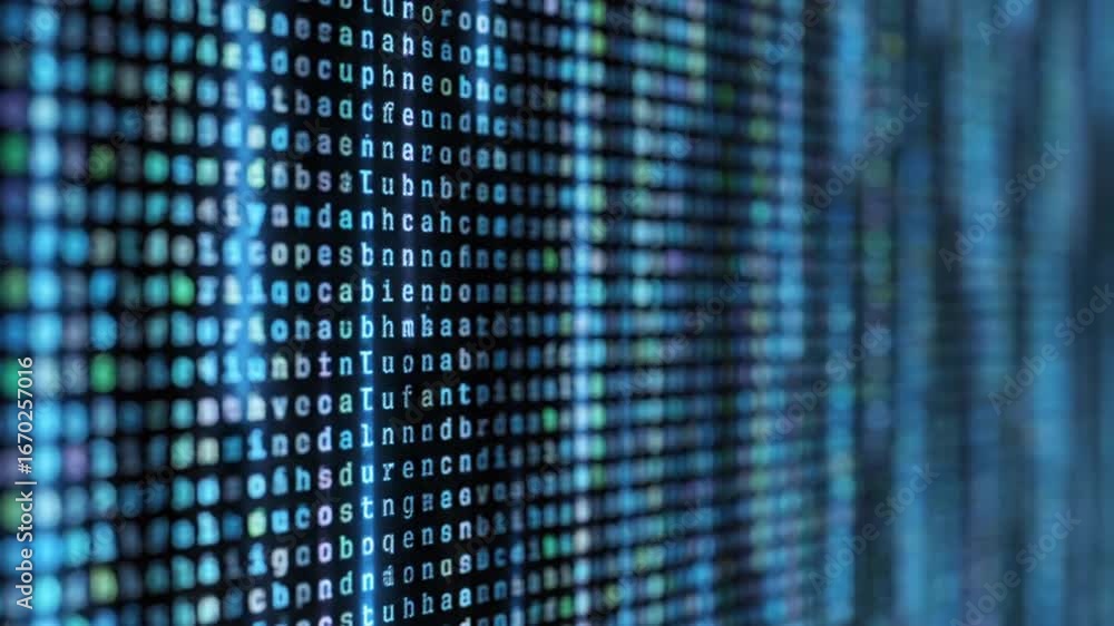 Poster animated blue and white letters cascade down a dark screen representing data stream