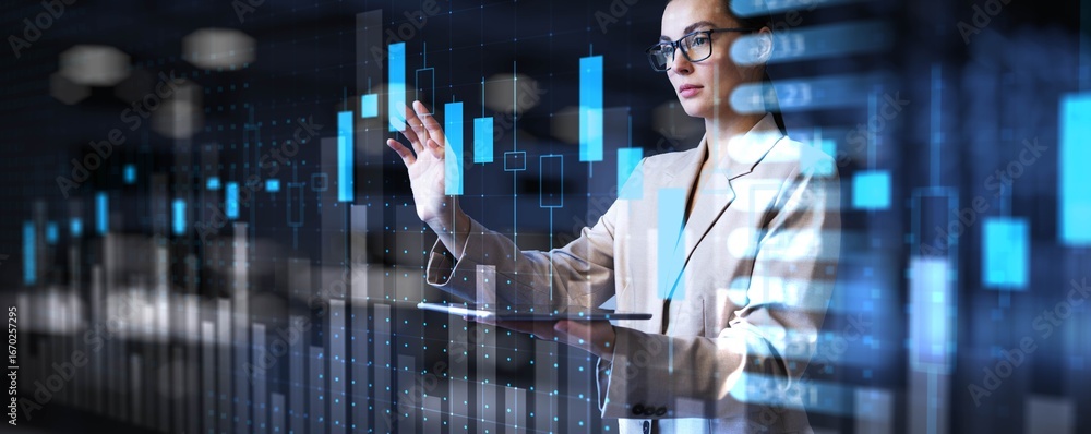 Aufkleber advanced financial analysis with interactive digital market data display.