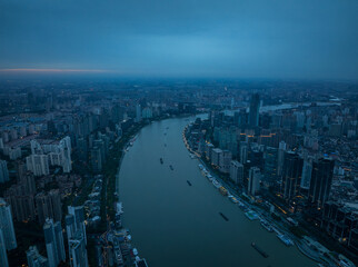 Overlooking Shanghai Huangpu river and the cityscape at dawn