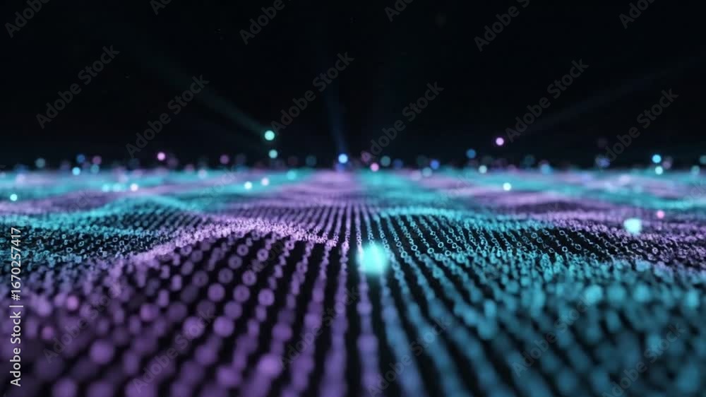 Poster binary code forming waves on dark background with spheres and lighting