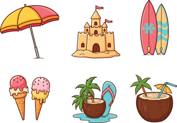 Summer beach cartoon collection, umbrella, sandcastle, surfboards, ice cream, coconut drinks, tropical holiday vacation icons, kids vector illustration set