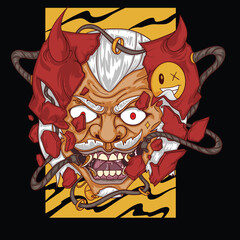Broken Oni Mask Vector Cyberpunk Japanese Demon Illustration.eps