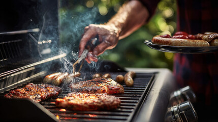 Man lifting red meat and sausages from a barbecue grill onto a plate before they overcook