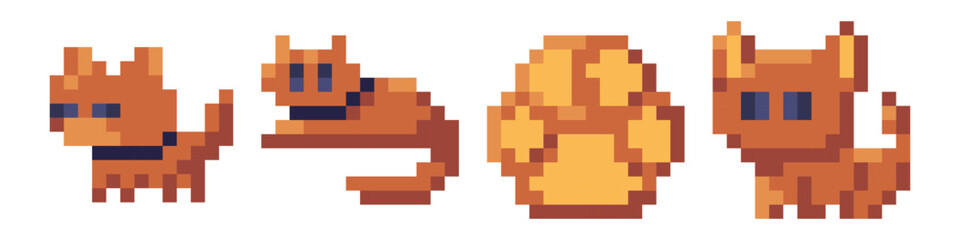 Red cat pixel art icon for halloween game. Cute kitten face and funny animal character with orange paw element set. Retro 8bit pet avatar. Adorable mosaic kitty design, festive decoration symbol.