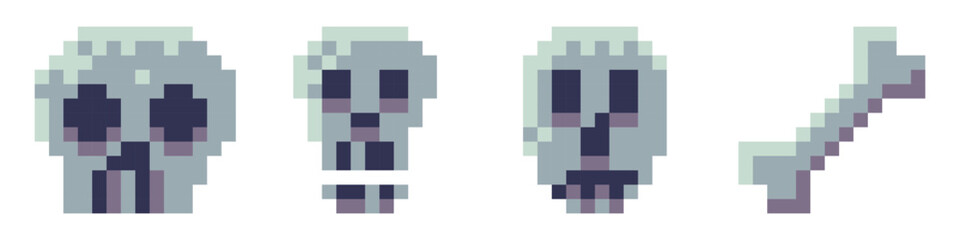Skull pixel art icon for halloween game. Digital skeleton face with hacker malware virus danger. Retro 8bit pirate logo, creepy vintage symbol. Computer graphic banner with scary head warning.