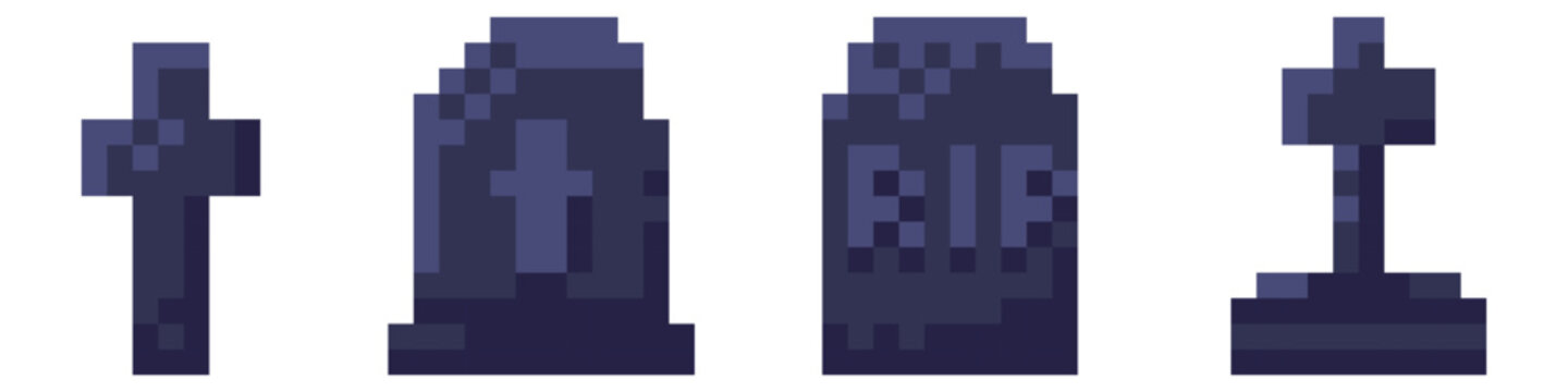 Tombstone pixel art for halloween creepy game. Gravestone with rip sign for cemetery. Vintage 8bit death cartoon style mosaic print with burial cross. Dark graveyard funeral logo, scary symbol.
